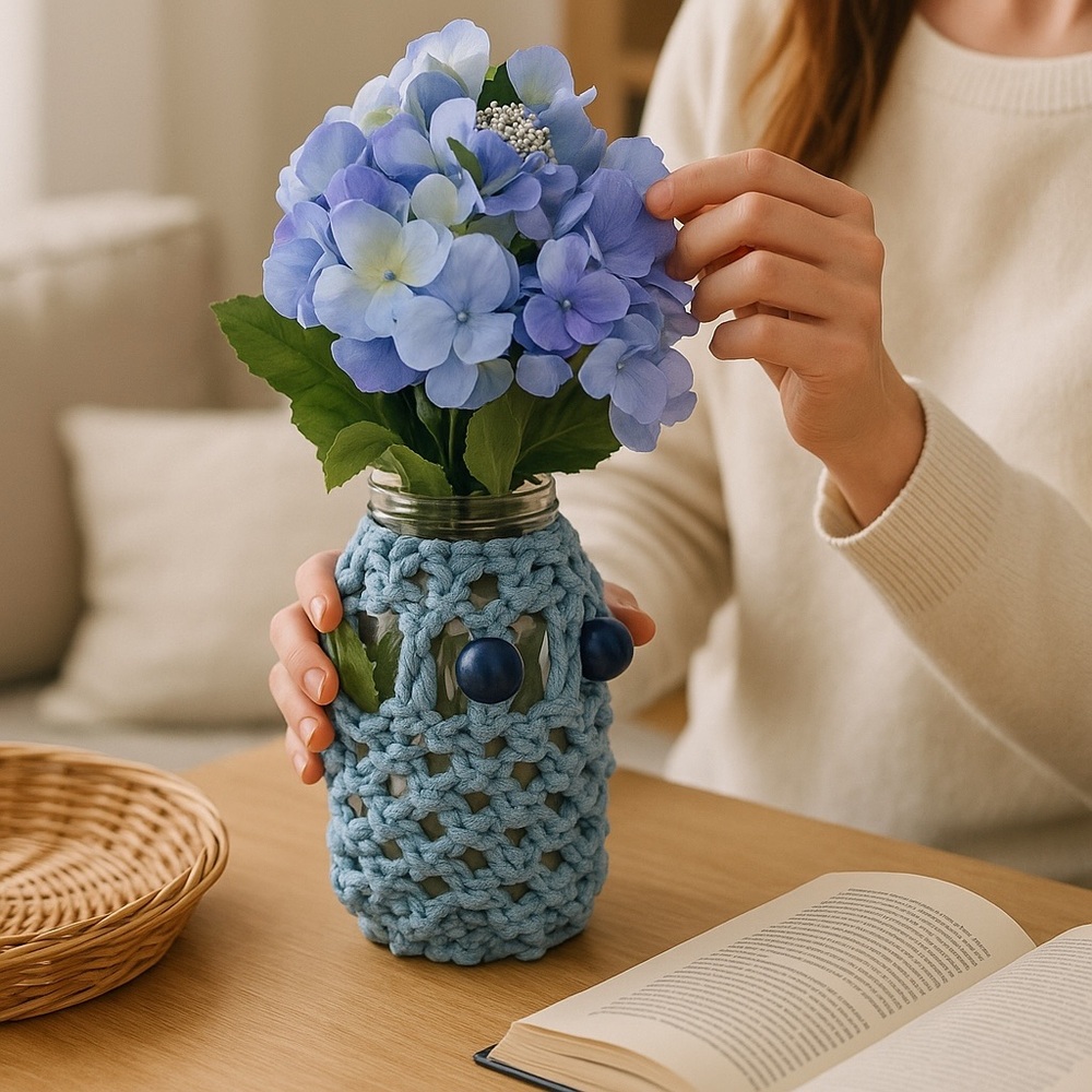 Vase Macrame Hand Crafted Floral Decor Accent Blue Navy Beads Botanical Gift